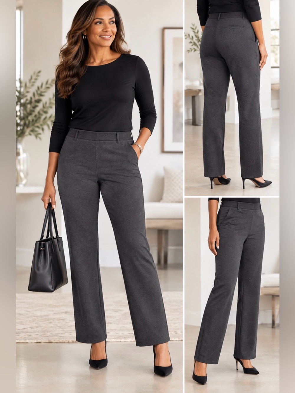 Quince Women’s Charcoal Gray Stretch Pull-On Straight Leg Ponte Pants Size L